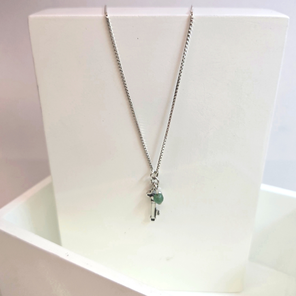 Vintage Inspired Sterling Silver Key & Green Quartz Pendant on Sterling Chain